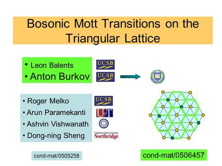 Bosonic Mott Transitions on the Triangular Lattice Leon Balents Anton Burkov Roger Melko Arun Paramekanti Ashvin Vishwanath Dong-ning Sheng cond-mat/0506457.