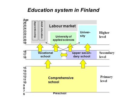 Primary level Vocational school Higher level Age 26 25 24 23 22 21 20 19 18 17 16 15 14 13 12 11 10 9 8 7 6 Upper secon- dary school Univer- sity Secondary.