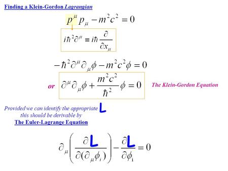 Finding a Klein-Gordon Lagrangian The Klein-Gordon Equation or Provided we can identify the appropriate this should be derivable by The Euler-Lagrange.