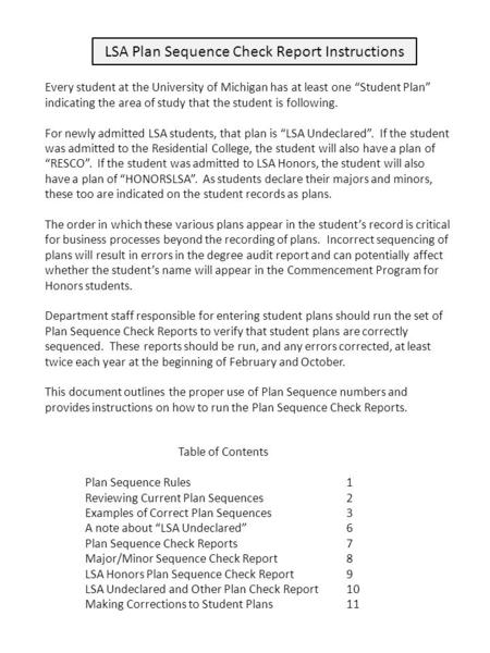 LSA Plan Sequence Check Report Instructions Table of Contents Plan Sequence Rules1 Reviewing Current Plan Sequences2 Examples of Correct Plan Sequences3.