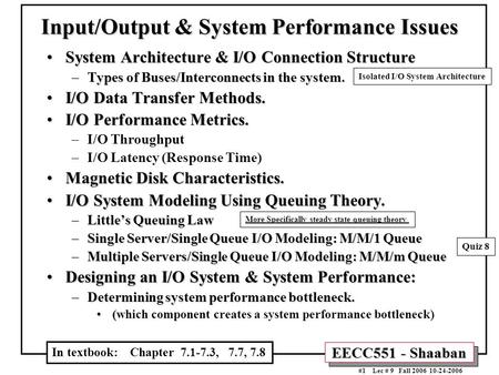 EECC551 - Shaaban #1 Lec # 9 Fall 2006 10-24-2006 Input/Output & System Performance Issues System Architecture & I/O Connection StructureSystem Architecture.