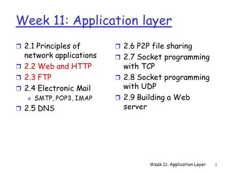 Week 11: Application Layer1 Week 11: Application layer r 2.1 Principles of network applications r 2.2 Web and HTTP r 2.3 FTP r 2.4 Electronic Mail  SMTP,