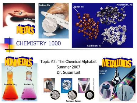 CHEMISTRY 1000 Topic #2: The Chemical Alphabet Summer 2007 Dr. Susan Lait Gallium, Ga Sodium, Na Forms of Carbon.