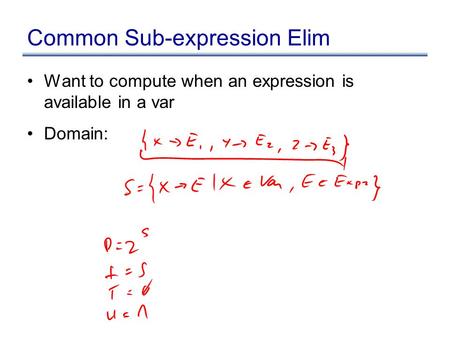 Common Sub-expression Elim Want to compute when an expression is available in a var Domain: