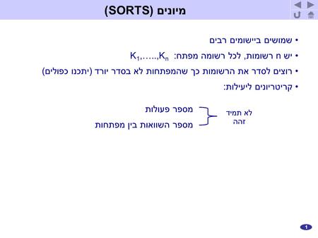 1 שמושים ביישומים רבים יש n רשומות, לכל רשומה מפתח: K 1,…..,K n רוצים לסדר את הרשומות כך שהמפתחות לא בסדר יורד (יתכנו כפולים) קריטריונים ליעילות: לא תמיד.