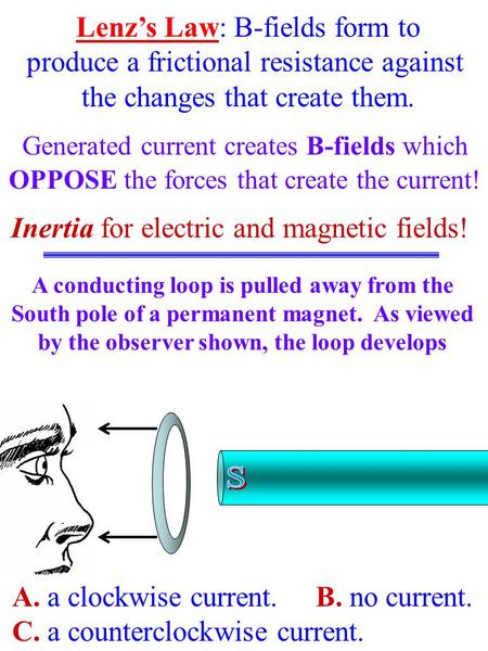 Lenz’s Law: B-fields form to produce a frictional resistance against the changes that create them. Generated current creates B-fields which OPPOSE the.