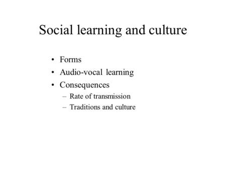 Social learning and culture Forms Audio-vocal learning Consequences –Rate of transmission –Traditions and culture.