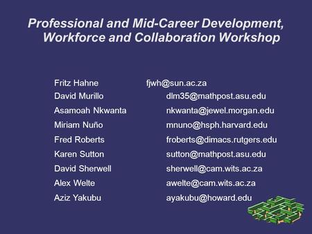 Professional and Mid-Career Development, Workforce and Collaboration Workshop Fritz Hahne David Murillo Asamoah