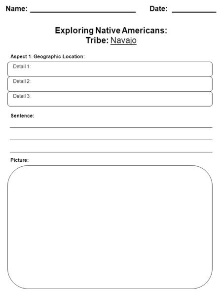 Exploring Native Americans: Tribe: Navajo Name: __________________________ Date: ___________ Detail 1: Detail 2: Detail 3: Aspect 1. Geographic Location: