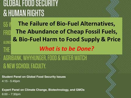 The Failure of Bio-Fuel Alternatives, The Abundance of Cheap Fossil Fuels, & Bio-Fuel Harm to Food Supply & Price What is to be Done?