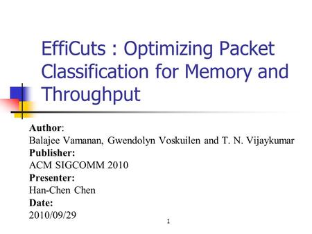 1 EffiCuts : Optimizing Packet Classification for Memory and Throughput Author: Balajee Vamanan, Gwendolyn Voskuilen and T. N. Vijaykumar Publisher: ACM.