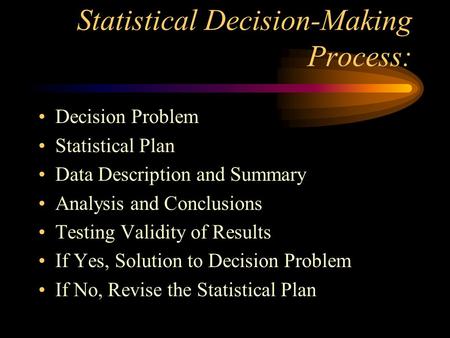 Statistical Decision-Making Process: Decision Problem Statistical Plan Data Description and Summary Analysis and Conclusions Testing Validity of Results.