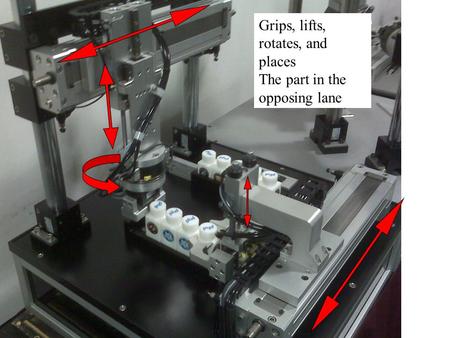 Grips, lifts, rotates, and places The part in the opposing lane.