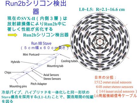 Run2b シリコン検出 器 現在の SVX-II （内側３層）は 放射線損傷により Run2b 中に 著しく性能が劣化する Run2b シリコン検出器 日本の分担： 1512 outer axial sensors 648 outer stereo sensors （ 144 inner axial.