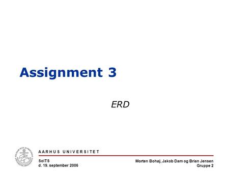 Morten Bohøj, Jakob Dam og Brian Jensen Gruppe 2 A A R H U S U N I V E R S I T E T SoITS d. 19. september 2006 Assignment 3 ERD.