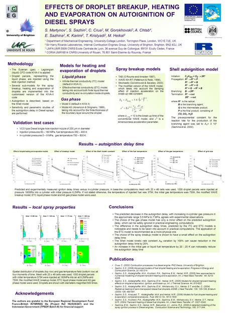 EFFECTS OF DROPLET BREAKUP, HEATING AND EVAPORATION ON AUTOIGNITION OF DIESEL SPRAYS S. Martynov 1, S. Sazhin 2, C. Crua 2, M. Gorokhovski 3, A. Chtab.