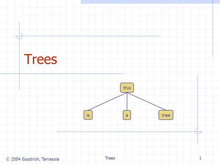 © 2004 Goodrich, Tamassia Trees1 this is a tree. © 2004 Goodrich, Tamassia Trees2 What is a Tree? In computer science, a tree is an abstract model of.