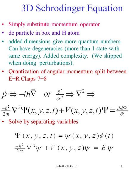 P460 - 3D S.E.1 3D Schrodinger Equation Simply substitute momentum operator do particle in box and H atom added dimensions give more quantum numbers. Can.