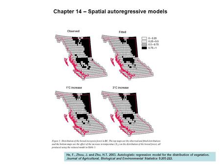 1 He, F., Zhou, J. and Zhu, H.T. 2003. Autologistic regression model for the distribution of vegetation. Journal of Agricultural, Biological and Environmental.