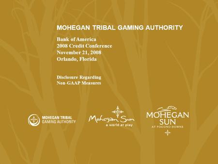 1 1 MOHEGAN TRIBAL GAMING AUTHORITY Bank of America 2008 Credit Conference November 21, 2008 Orlando, Florida Disclosure Regarding Non-GAAP Measures.