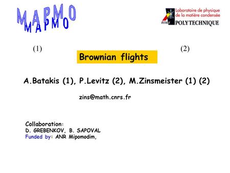 Brownian flights Collaboration : D. GREBENKOV, B. SAPOVAL Funded by: ANR Mipomodim, A.Batakis (1), P.Levitz (2), M.Zinsmeister (1) (2)