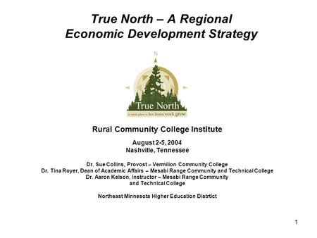 1 True North – A Regional Economic Development Strategy Rural Community College Institute August 2-5, 2004 Nashville, Tennessee Dr. Sue Collins, Provost.