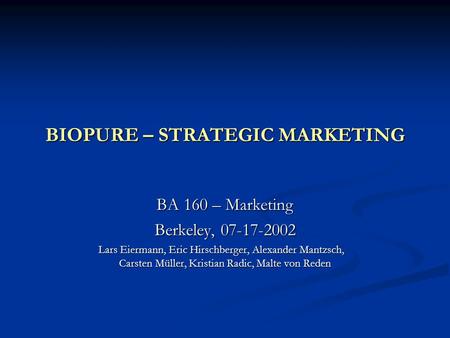 BIOPURE – STRATEGIC MARKETING