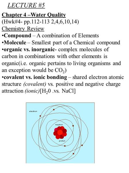 Chapter 4 –Water Quality (Hwk#4- pp.112-113 2,4,6,10,14) Chemistry Review Compound – A combination of Elements Molecule – Smallest part of a Chemical compound.