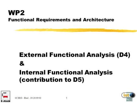 1 SCIRO - Bled - 19-20/09/02 WP2 Functional Requirements and Architecture External Functional Analysis (D4) & Internal Functional Analysis (contribution.