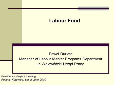 Paweł Durleta Manager of Labour Market Programs Department in Wojewódzki Urząd Pracy Labour Fund Providence Project meeting Poland, Katowice, 8th of June.