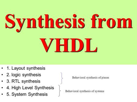 Synthesis from VHDL 1. Layout synthesis 2. logic synthesis