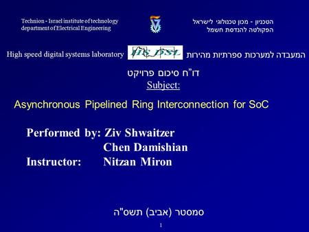 Performed by: Ziv Shwaitzer Chen Damishian Instructor: Nitzan Miron המעבדה למערכות ספרתיות מהירות High speed digital systems laboratory הטכניון - מכון.