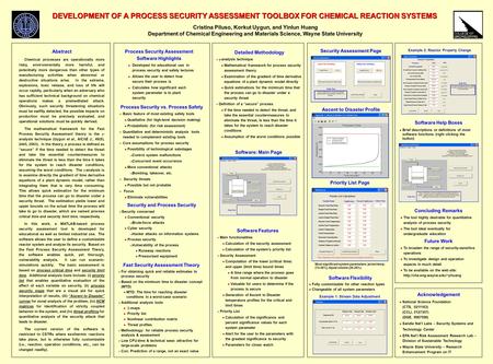 DEVELOPMENT OF A PROCESS SECURITY ASSESSMENT TOOLBOX FOR CHEMICAL REACTION SYSTEMS Cristina Piluso, Korkut Uygun, and Yinlun Huang Department of Chemical.