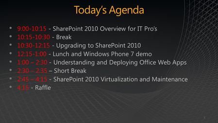 Today’s Agenda 1. Session 4 Agenda 3 Patching SharePoint Office 2010 Co- Authoring SharePoint Virtualization Building Test Lab.