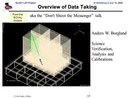 GLAST LAT Project IA Workshop 4 July 15, 2005 E. do Couto e Silva 1/7 Overview of Data Taking Anders W. Borgland Science Verification, Analysis and Calibrations.