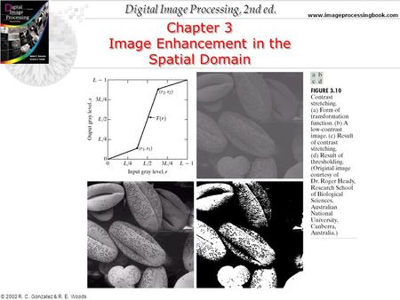 Digital Image Processing, 2nd ed. www.imageprocessingbook.com © 2002 R. C. Gonzalez & R. E. Woods Chapter 3 Image Enhancement in the Spatial Domain Chapter.