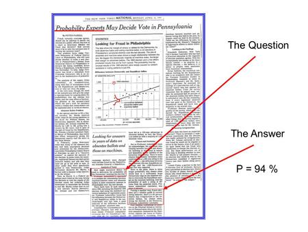 The Question The Answer P = 94 %. Practical Uses of   To infer  from S x To compare a sample to an assumed population To establish a rejection criterion.