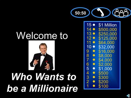 15 14 13 12 11 10 9 8 7 6 5 4 3 2 1 $1 Million $500,000 $250,000 $125,000 $64,000 $32,000 $16,000 $8,000 $4,000 $2,000 $1,000 $500 $300 $200 $100 Welcome.