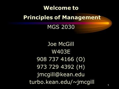 1 Welcome to Principles of Management MGS 2030 Joe McGill W403E 908 737 4166 (O) 973 729 4392 (H) turbo.kean.edu/~jmcgill.