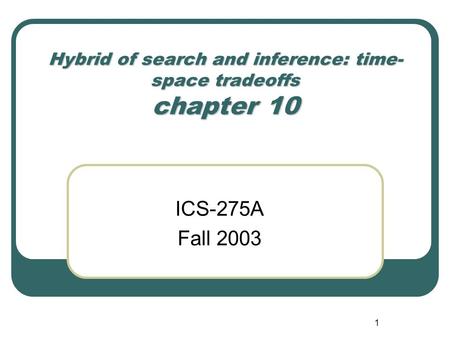 1 Hybrid of search and inference: time- space tradeoffs chapter 10 ICS-275A Fall 2003.