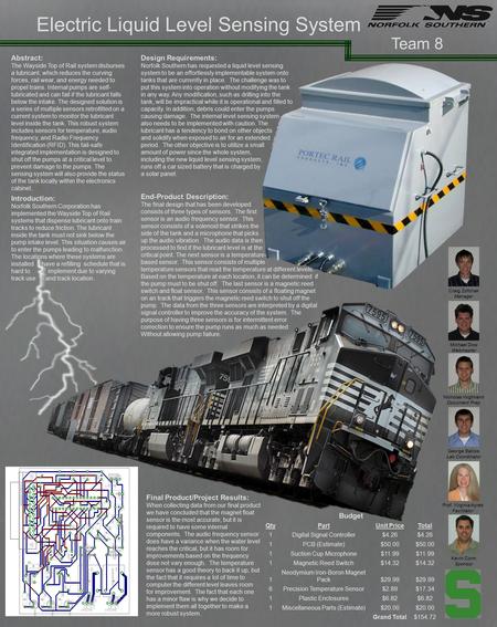 Electric Liquid Level Sensing System Abstract: The Wayside Top of Rail system disburses a lubricant, which reduces the curving forces, rail wear, and energy.