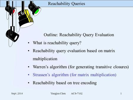 Reachability Queries Sept. 2014Yangjun Chen ACS-71021 Outline: Reachability Query Evaluation What is reachability query? Reachability query evaluation.