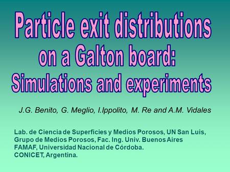 J.G. Benito, G. Meglio, I.Ippolito, M. Re and A.M. Vidales Lab. de Ciencia de Superficies y Medios Porosos, UN San Luis, Grupo de Medios Porosos, Fac.