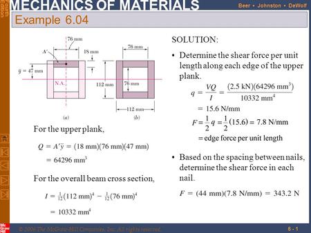 Example 6.04 SOLUTION: Determine the shear force per unit length along each edge of the upper plank. For the upper plank, Based on the spacing between.