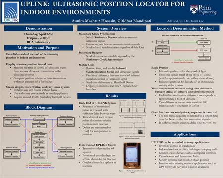 UPLINK: ULTRASONIC POSITION LOCATOR FOR INDOOR ENVIRONMENTS Aunim Mashrur Hossain, Giridhar Nandipati Advised By: Dr. Daniel Lee Thursday, April 22nd 1:30pm.