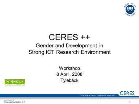 1 CERES ++ Gender and Development in Strong ICT Research Environment Workshop 8 April, 2008 Tylebäck.