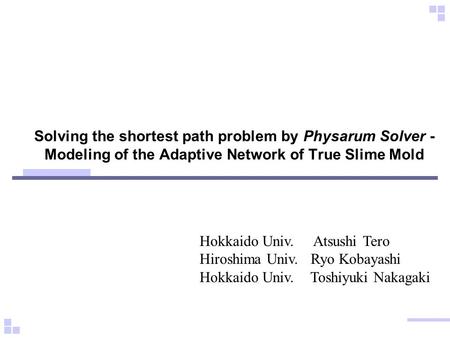 Solving the shortest path problem by Physarum Solver - Modeling of the Adaptive Network of True Slime Mold Hokkaido Univ. Atsushi Tero Hiroshima Univ.