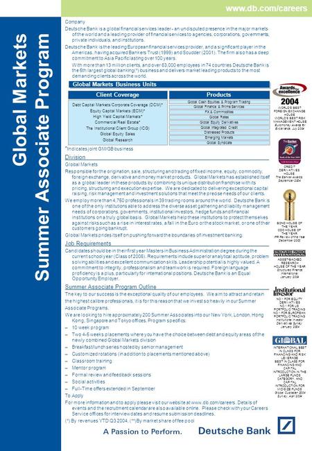 Asdfasdf Global Markets Summer Associate Program Company Deutsche Bank is a global financial services leader - an undisputed presence in the major markets.
