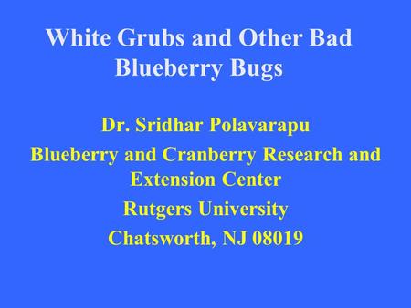 White Grubs and Other Bad Blueberry Bugs Dr. Sridhar Polavarapu Blueberry and Cranberry Research and Extension Center Rutgers University Chatsworth, NJ.