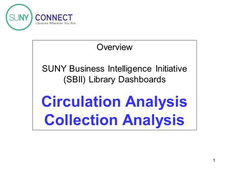 1 Overview SUNY Business Intelligence Initiative (SBII) Library Dashboards Circulation Analysis Collection Analysis.